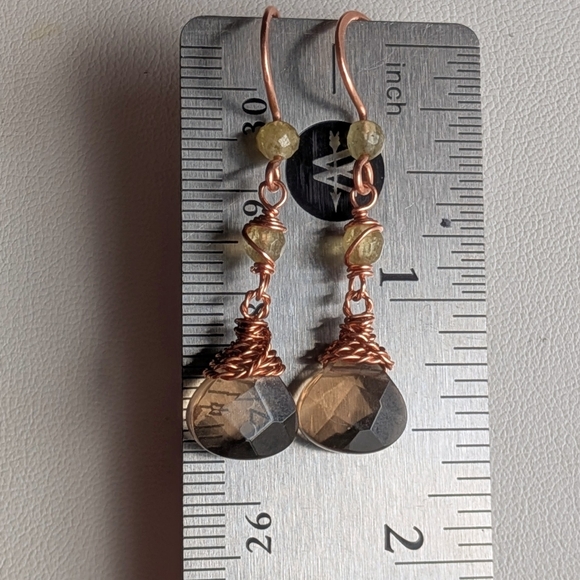 Smokey Quartz Earrings Green Garnet Accents Dangle Drop Artisan Handmade - Picture 3 of 12